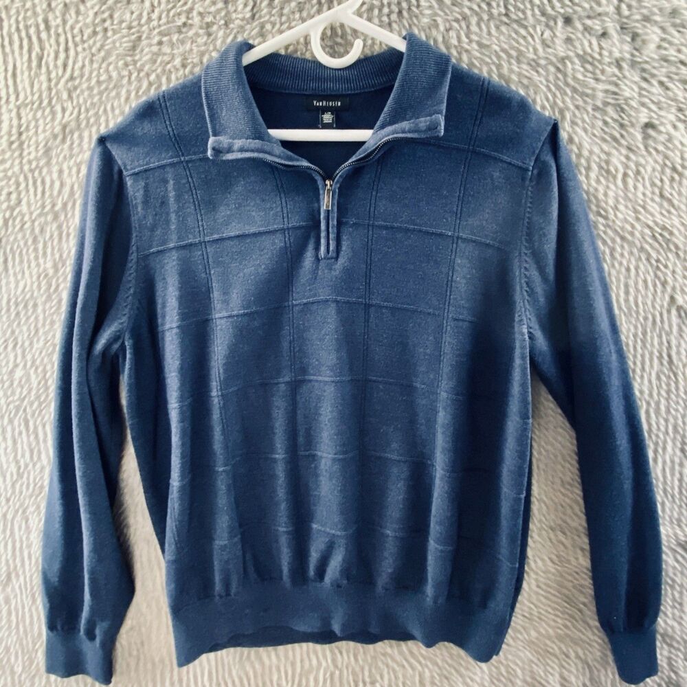 Van Heusen Menss Long Sleeve Sweater Quarter Zip Stretch Waist Large Blue